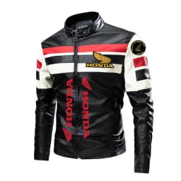 Honda colour-blocked stand-collar PU leather biker jacket, thin casual leather jacket for men, spring and autumn, eBay