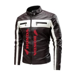 Honda colour-blocked stand-collar PU leather biker jacket, thin casual leather jacket for men, spring and autumn, eBay
