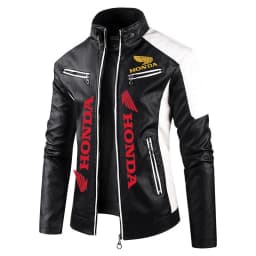 Honda colour-blocked stand-collar PU leather biker jacket, thin casual leather jacket for men, spring and autumn, eBay