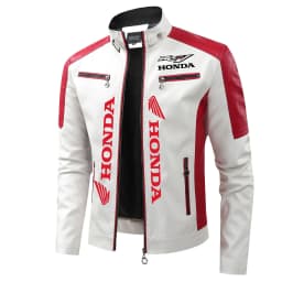 Honda colour-blocked stand-collar PU leather biker jacket, thin casual leather jacket for men, spring and autumn, eBay