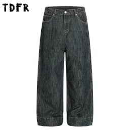 Pocket Spliced Jeans Mens Retro Washed Distressed Casual Straight Baggy Wide Leg Denim Pants Man