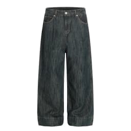 Pocket Spliced Jeans Mens Retro Washed Distressed Casual Straight Baggy Wide Leg Denim Pants Man