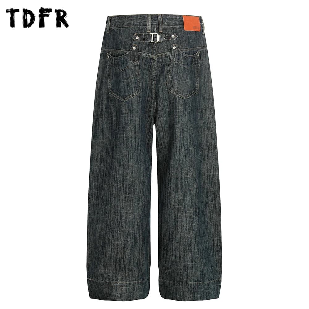 Pocket Spliced Jeans Mens Retro Washed Distressed Casual Straight Baggy Wide Leg Denim Pants Man