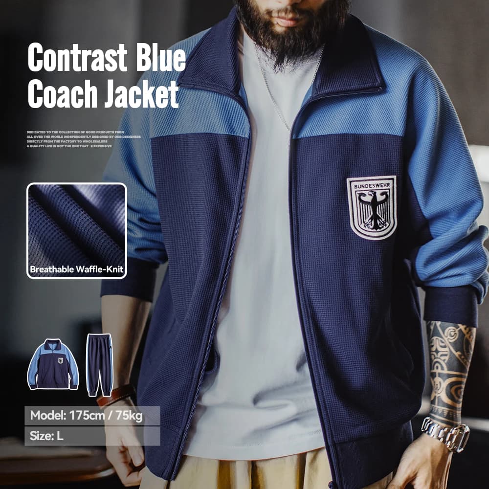 Maden Men's Vintage Contrast Navy Blue Jacket Waffle Knit Training Jacket Breathable Stand Collar Outwear for Spring Fall