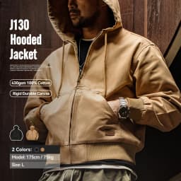 Maden Vintage J130 Heavyweight Hooded Jacket Canvas Classic Short Zip Front Solid Color Outerwear for Men Autumn Streetwear Coat
