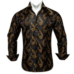 Men's Business Dress Shirts Black Gold Long Sleeve Formal Button-Down Collar Social Slim Fit Shirt Spring Man Casual Blouse