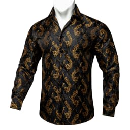 Men's Business Dress Shirts Black Gold Long Sleeve Formal Button-Down Collar Social Slim Fit Shirt Spring Man Casual Blouse