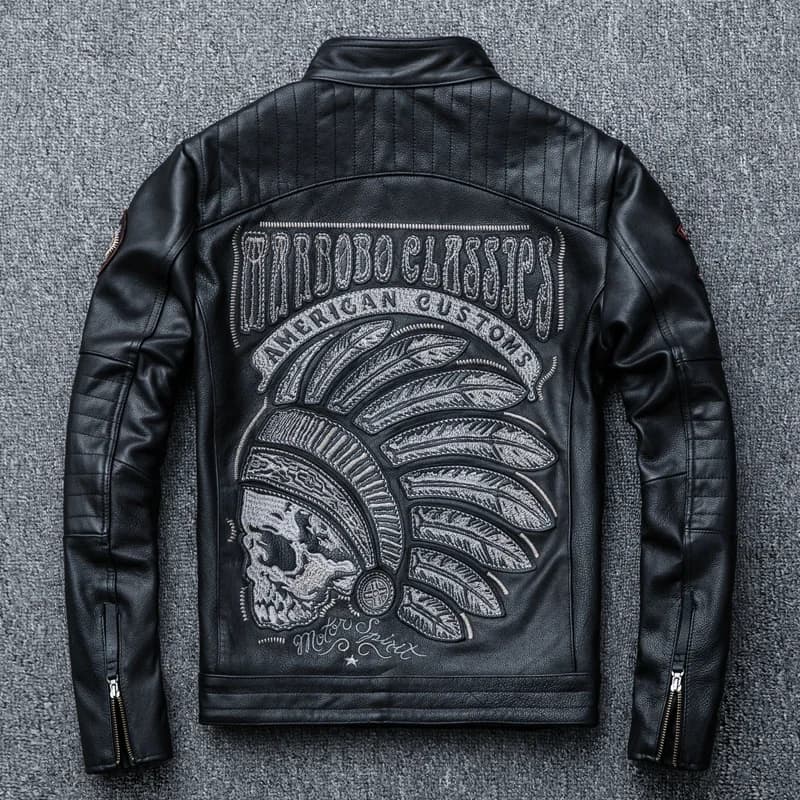 2025 New Black Embroidery Skull Motorcycle Leather Jackets Natural Cowhide Moto Jacket Biker Leather Coat Slim Clothing