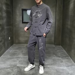 Two piece set （Shirt +Pants） Men Embroidery Linen Cotton Suit Chinese Style Shirt Men's Casual Loose Pants Retro Kungfu Trousers