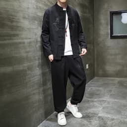 Two piece set （Shirt +Pants） Men Embroidery Linen Cotton Suit Chinese Style Shirt Men's Casual Loose Pants Retro Kungfu Trousers