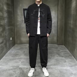 Two piece set （Shirt +Pants） Men Embroidery Linen Cotton Suit Chinese Style Shirt Men's Casual Loose Pants Retro Kungfu Trousers