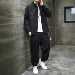 Two piece set （Shirt +Pants） Men Embroidery Linen Cotton Suit Chinese Style Shirt Men's Casual Loose Pants Retro Kungfu Trousers