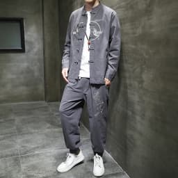 Two piece set （Shirt +Pants） Men Embroidery Linen Cotton Suit Chinese Style Shirt Men's Casual Loose Pants Retro Kungfu Trousers