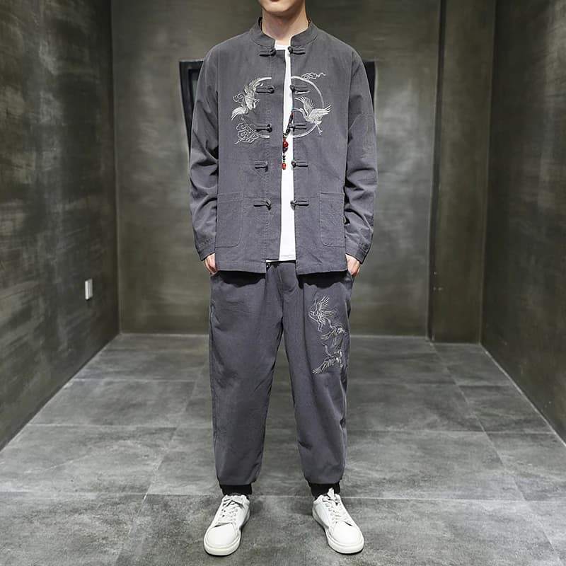 Two piece set （Shirt +Pants） Men Embroidery Linen Cotton Suit Chinese Style Shirt Men's Casual Loose Pants Retro Kungfu Trousers