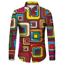 Men's 3D irregular geometric shape print long-sleeved shirt personalized polyester fabric casual shirt men's fashion lapel shirt
