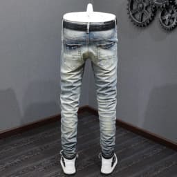 Y2K fashion new jeans with full elasticity, slim fit and hole stitching, leather with red patches, washed retro jeans, hip-hop b