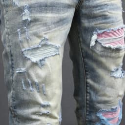 Y2K fashion new jeans with full elasticity, slim fit and hole stitching, leather with red patches, washed retro jeans, hip-hop b