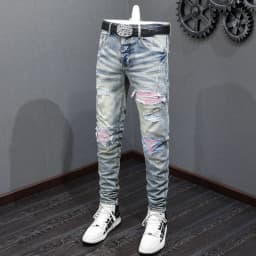 Y2K fashion new jeans with full elasticity, slim fit and hole stitching, leather with red patches, washed retro jeans, hip-hop b