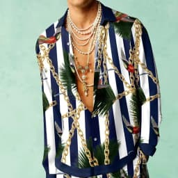 men's shirt retro music floral pattern print slim fit outdoor street long sleeve button clothing stylish street fashion design