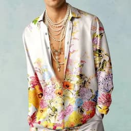 men's shirt retro music floral pattern print slim fit outdoor street long sleeve button clothing stylish street fashion design