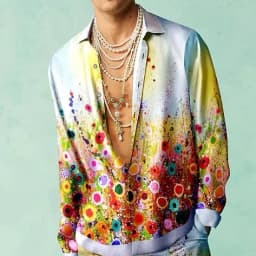 men's shirt retro music floral pattern print slim fit outdoor street long sleeve button clothing stylish street fashion design