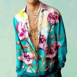 men's shirt retro music floral pattern print slim fit outdoor street long sleeve button clothing stylish street fashion design