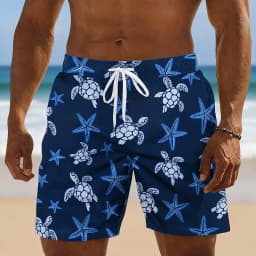 Men's Light Blue Turtle & Starfish Print Drawstring Shorts, Casual Loose Fit for Spring Summer Daily & Beach Vacation Activities