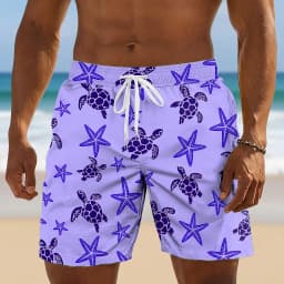 Men's Light Blue Turtle & Starfish Print Drawstring Shorts, Casual Loose Fit for Spring Summer Daily & Beach Vacation Activities
