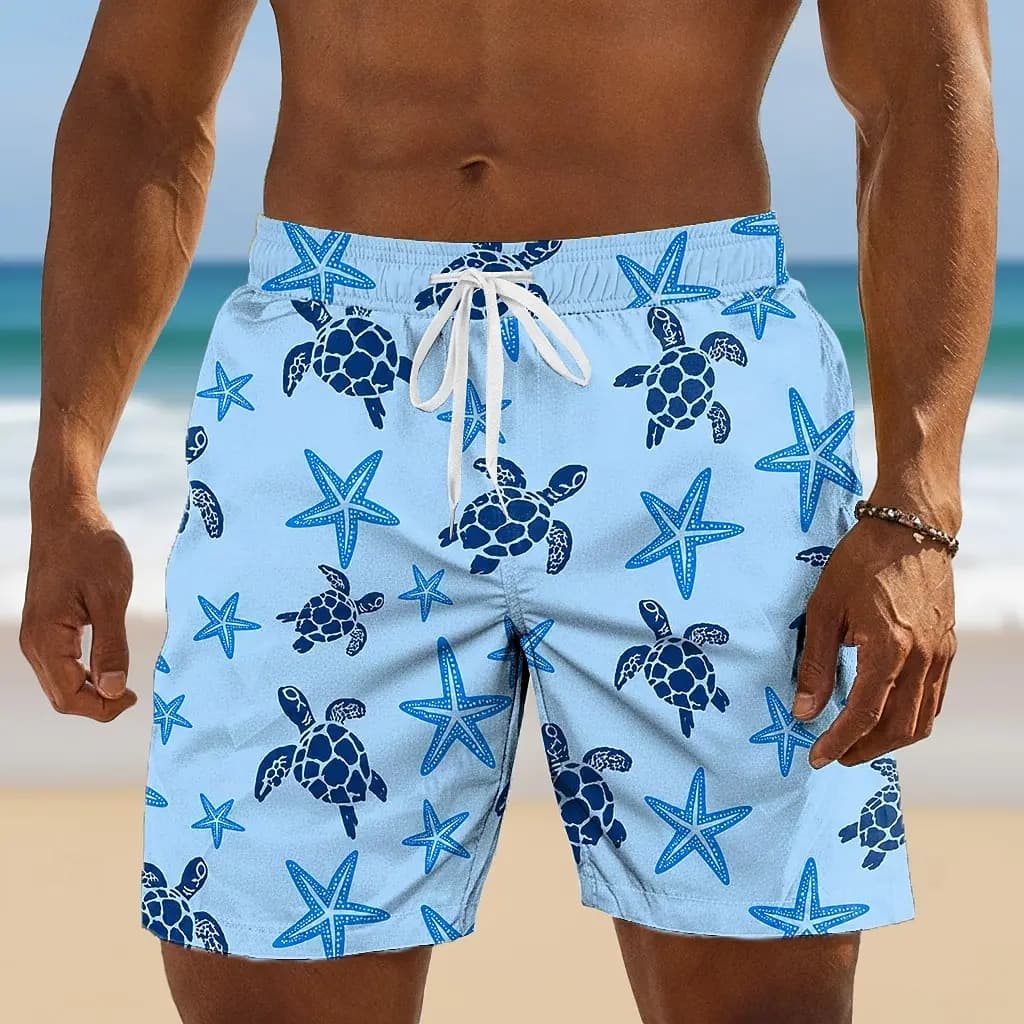 Men's Light Blue Turtle & Starfish Print Drawstring Shorts, Casual Loose Fit for Spring Summer Daily & Beach Vacation Activities