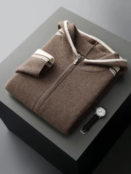 Men's 100% Merino Wool Two-piece Sets Hooded Collar Zipper Cardigan and Straight-leg Pant Autumn Winter Thickened Knit Clothing