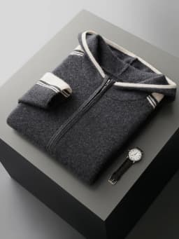 Men's 100% Merino Wool Two-piece Sets Hooded Collar Zipper Cardigan and Straight-leg Pant Autumn Winter Thickened Knit Clothing