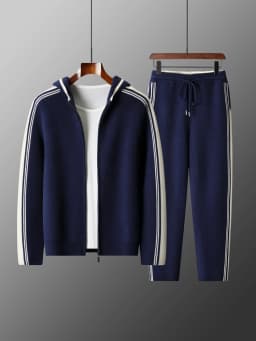 Men's 100% Merino Wool Two-piece Sets Hooded Collar Zipper Cardigan and Straight-leg Pant Autumn Winter Thickened Knit Clothing