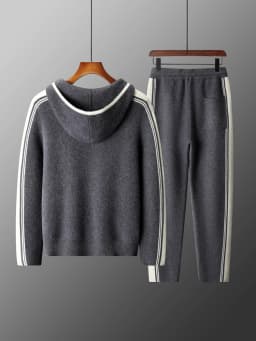 Men's 100% Merino Wool Two-piece Sets Hooded Collar Zipper Cardigan and Straight-leg Pant Autumn Winter Thickened Knit Clothing