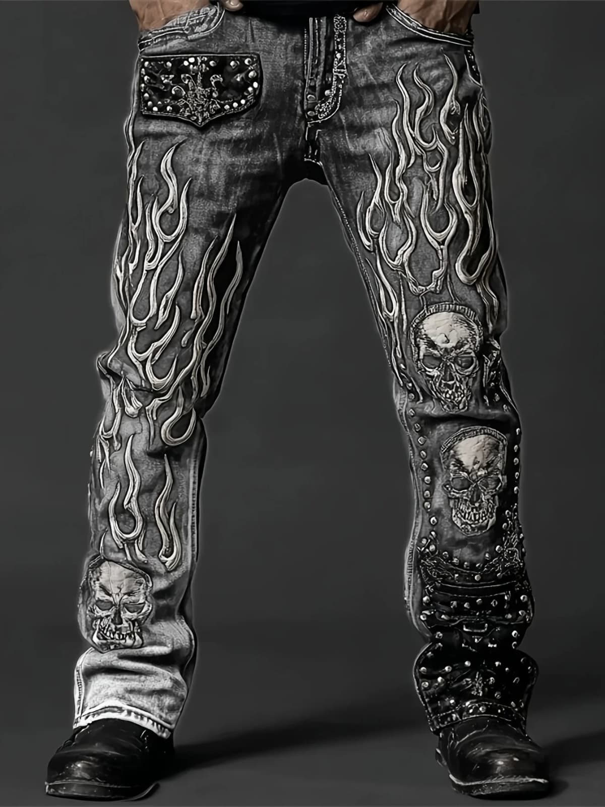 Men's Vintage Washed Straight Leg Denim Jeans, Skull Flame Graphic Print Rivet Studded Design, Loose Fit Punk Streetwear Casual Trousers, All Season Daily Outdoor Hip Hop Fashion Long Pants