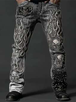 Men's Vintage Washed Straight Leg Denim Jeans, Skull Flame Graphic Print Rivet Studded Design, Loose Fit Punk Streetwear Casual Trousers, All Season Daily Outdoor Hip Hop Fashion Long Pants