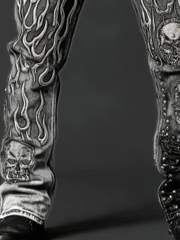 Men's Vintage Washed Straight Leg Denim Jeans, Skull Flame Graphic Print Rivet Studded Design, Loose Fit Punk Streetwear Casual Trousers, All Season Daily Outdoor Hip Hop Fashion Long Pants