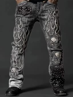 Men's Vintage Washed Straight Leg Denim Jeans, Skull Flame Graphic Print Rivet Studded Design, Loose Fit Punk Streetwear Casual Trousers, All Season Daily Outdoor Hip Hop Fashion Long Pants