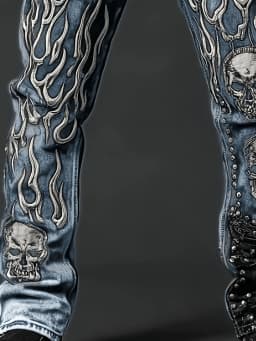 Men's Vintage Washed Straight Leg Denim Jeans, Skull Flame Graphic Print Rivet Studded Design, Loose Fit Punk Streetwear Casual Trousers, All Season Daily Outdoor Hip Hop Fashion Long Pants