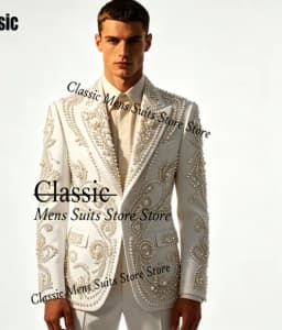 Luxury Diamond Men suit Customized Fashion Beaded Gem For Prom Groom Male Wedidng Party Glitter Blazer 2 Pieces Set Tuxedos Slim