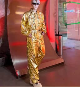 Mens PU Leather Gold Silvery Overall Bodysuit Jumpsuit Biker Style Suit Plain Color Long Sleeve Party Stage Clothing Male XXL
