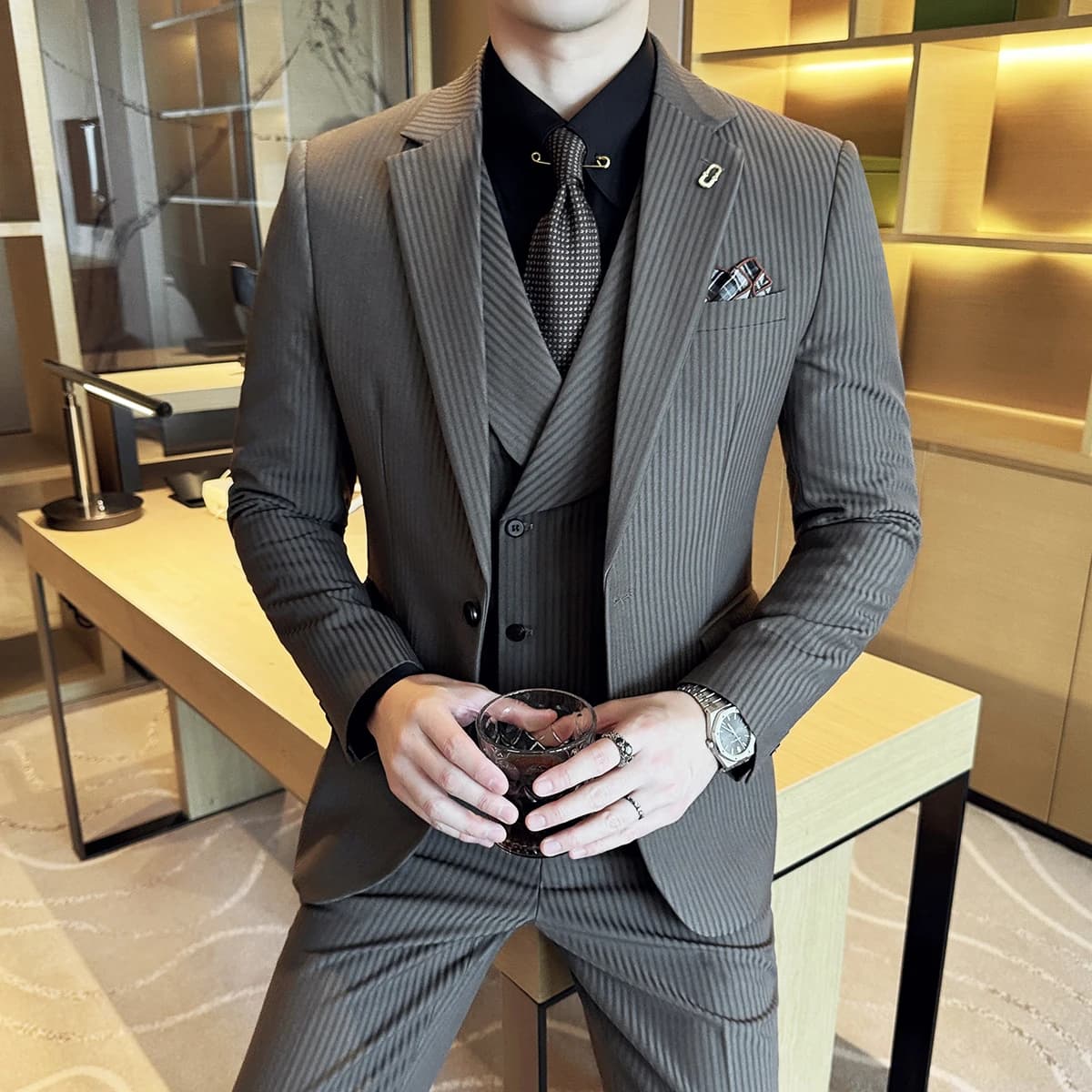 (Jackets+Pants+Vest) Luxury Stripe Men Suit Korean Version Fashion Elegant Slim Fit Tuxedo Formal Groom Wedding Social Suits