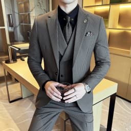 (Jackets+Pants+Vest) Luxury Stripe Men Suit Korean Version Fashion Elegant Slim Fit Tuxedo Formal Groom Wedding Social Suits