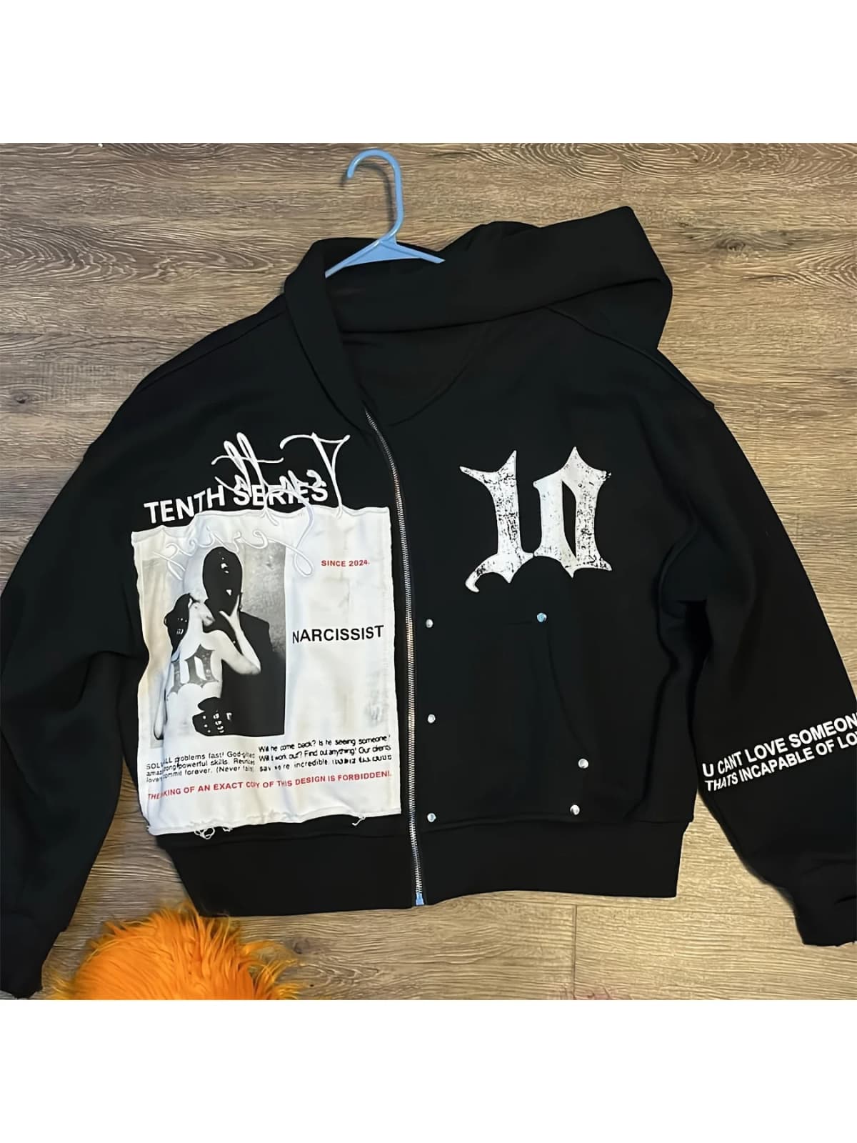 Men's Black Oversized Zip Up Hoodie "Tenth Series" Graphic Print Streetwear Jacket Y2K Sweatshirt