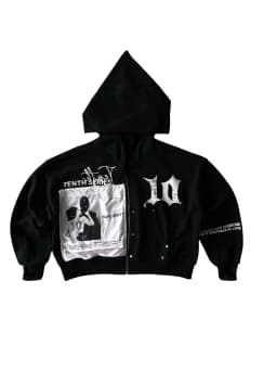 Men's Black Oversized Zip Up Hoodie "Tenth Series" Graphic Print Streetwear Jacket Y2K Sweatshirt