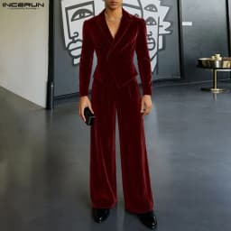 INCERUN Men Sets Solid Color Velour Lapel Long Sleeve Blazer & Pants Two Pieces Sets Streetwear Elegant Fashion Casual Men Suits
