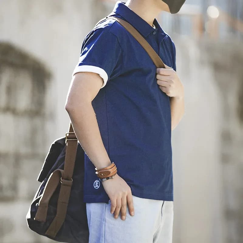 Maden Men's Vintage Indigo Lapel Polo Shirts Summer Casual Short Sleeve T-shirt with Pocket 100% Cotton Klein Blue Tees Tops