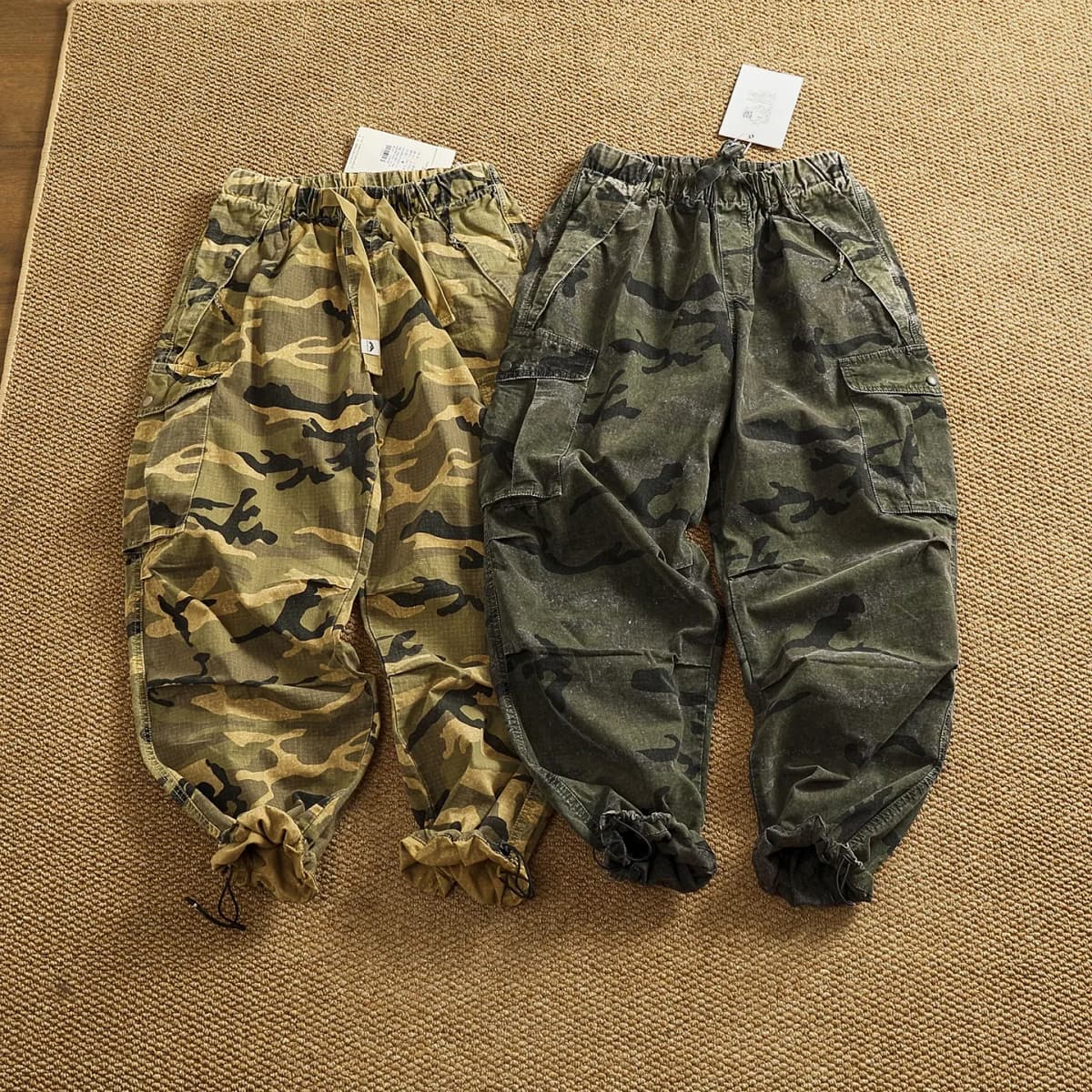 Men's new retro American woven fabric loose street elastic waist multi-pocket overalls