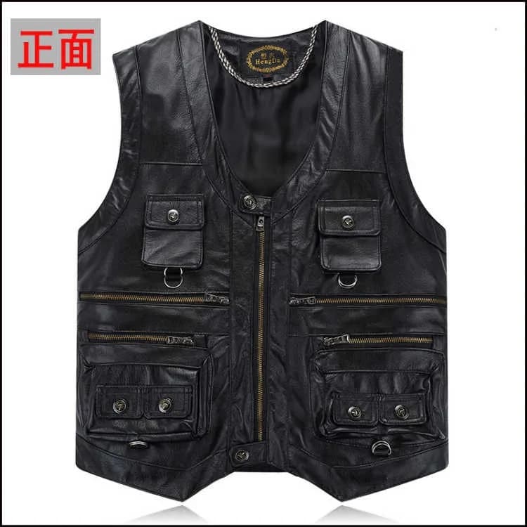 6XL Big Size Men's Real Leather Vest Genuine Sheepskin Thick Warm Quilted Lining Outdoor Fishing Waistcoat Multi-pocket Gilet
