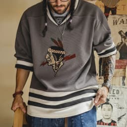 Maden Vintage Men's Waffle Knit Sweatshirt Indian Embroidered V-Neck Pullover Heavyweight Oversized Contrast Hoodie for Fall