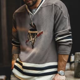 Maden Vintage Men's Waffle Knit Sweatshirt Indian Embroidered V-Neck Pullover Heavyweight Oversized Contrast Hoodie for Fall
